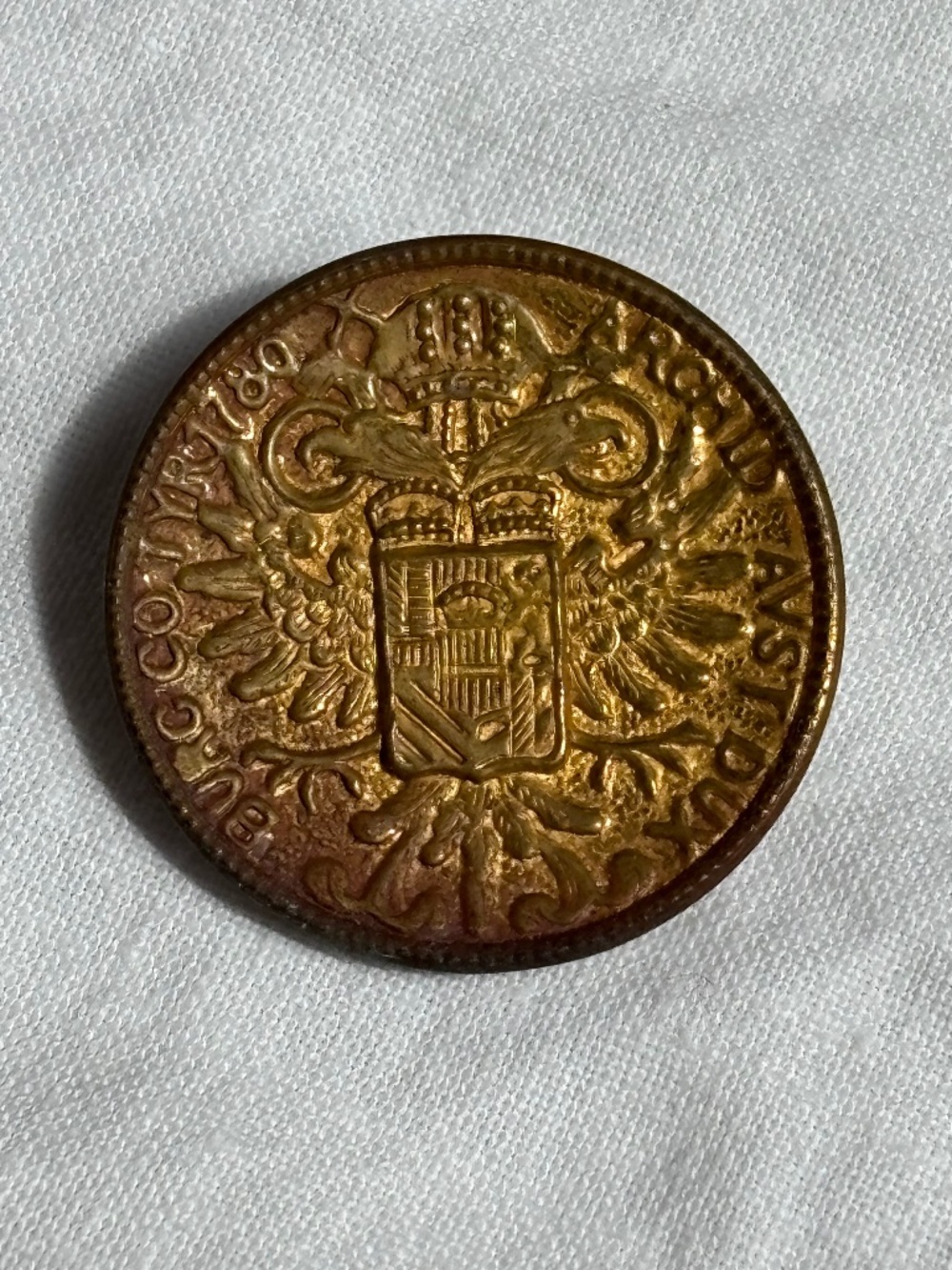 Vintage "ARCHID AVST DUX BURG CO TYR 1780" Austria metal goldplate shank button
